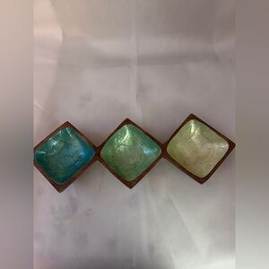 Green Yellow Capiz Shell Wooden Timber Divided Into 3 Bowl / Tray Vintage
